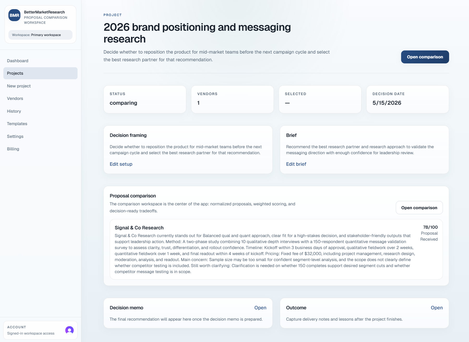 BetterMarketResearch app comparison workspace