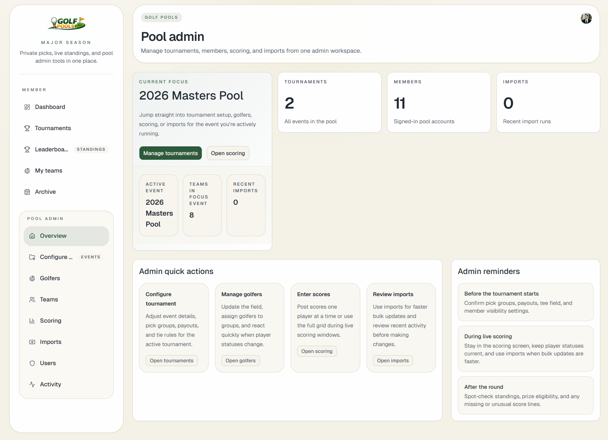 Golf Pools admin dashboard
