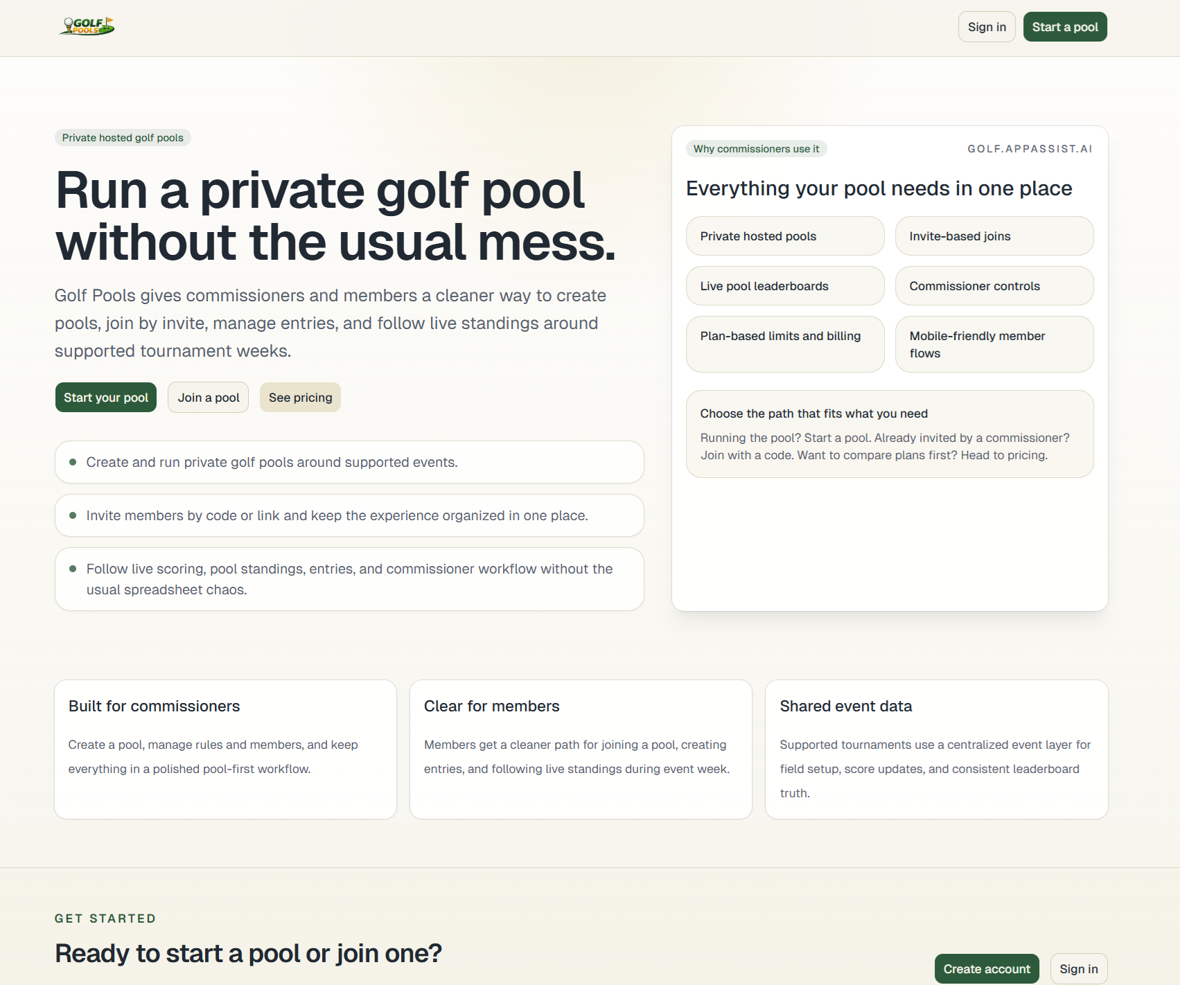 Golf Pools landing page