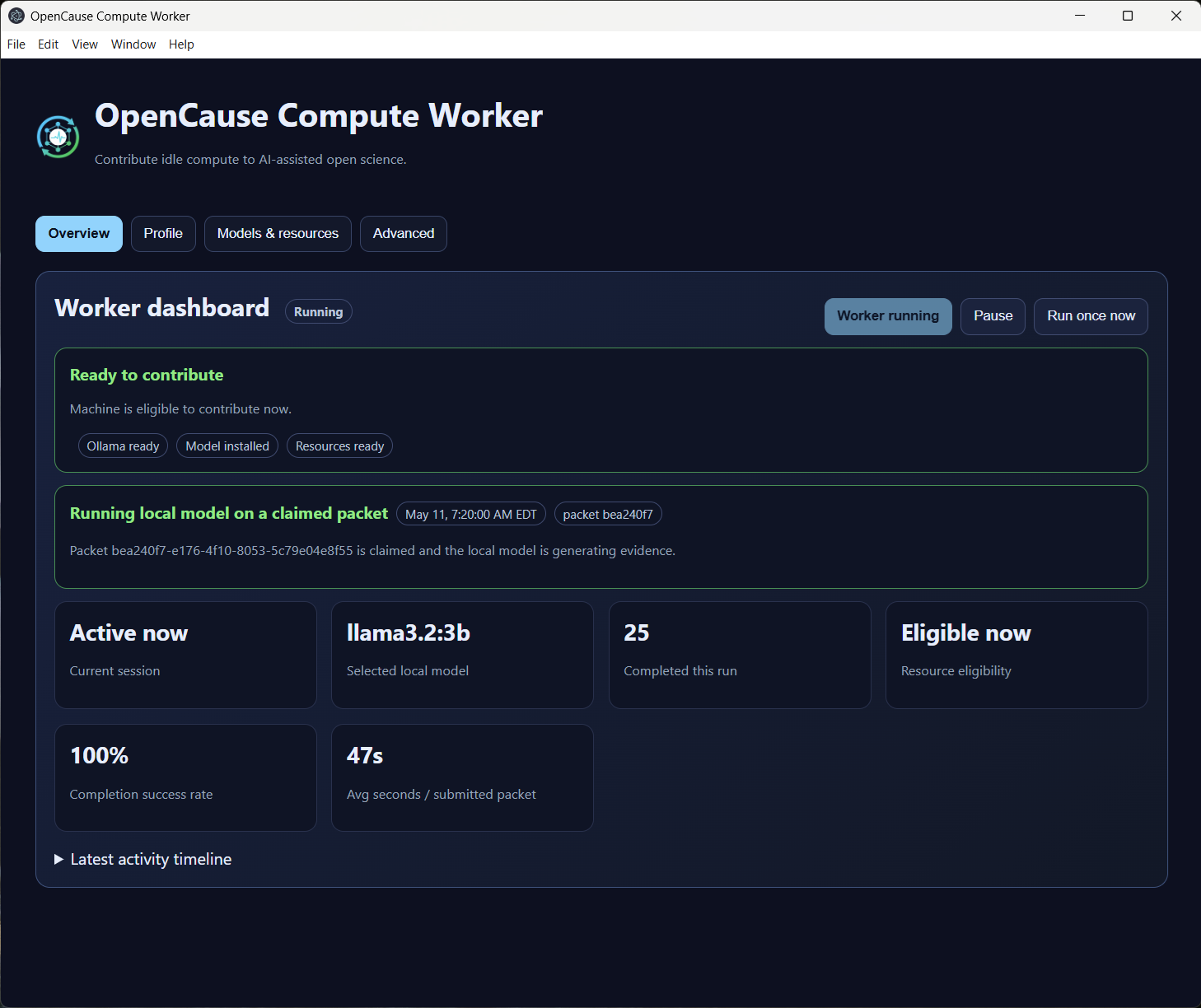 OpenCause Compute Worker dashboard showing worker status, local model readiness, contribution totals, controls, and recent activity