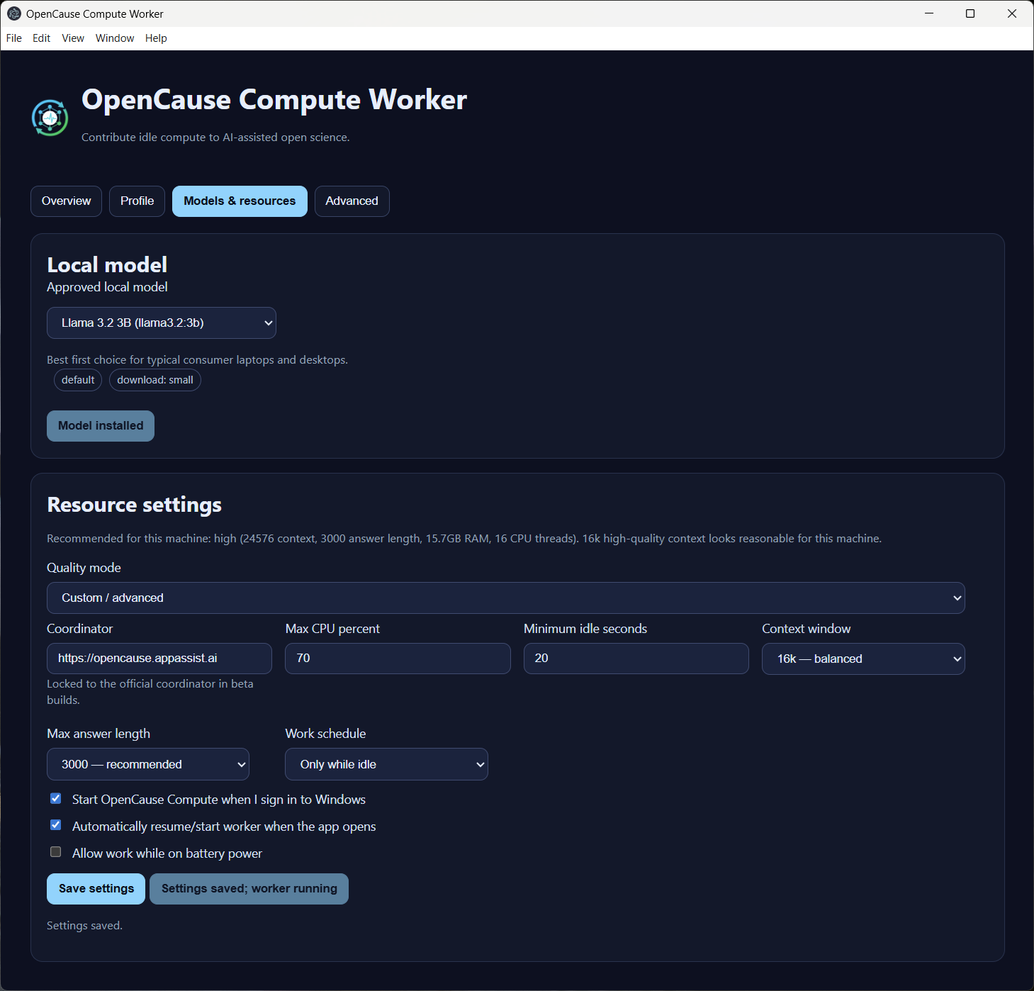 OpenCause Compute Worker resource controls showing model quality, CPU limit, idle-only mode, battery policy, coordinator, and startup settings